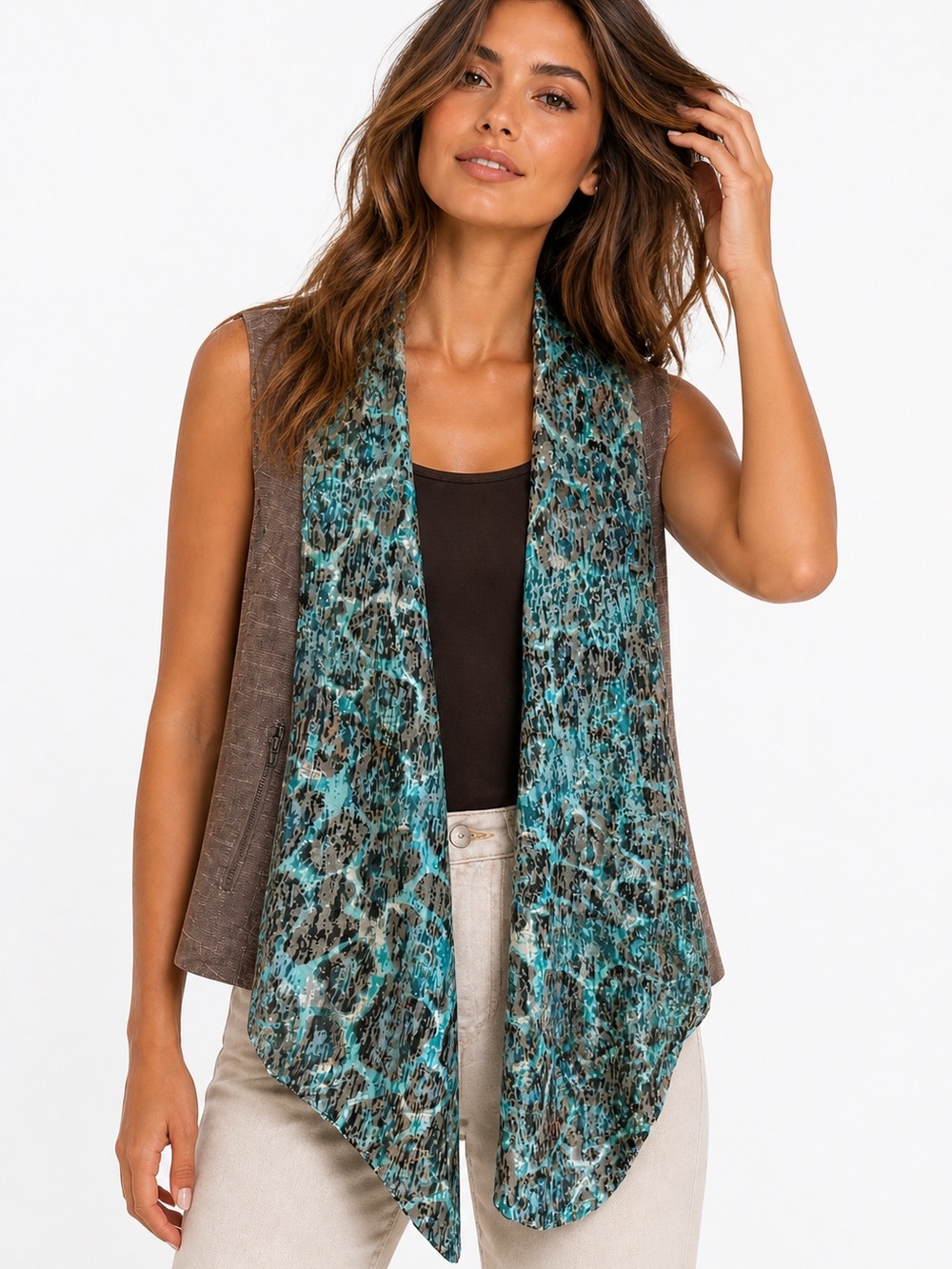 Alberto Makali Linen Blend Draped Vest Brown  Print Open Front Size L (Runs S)